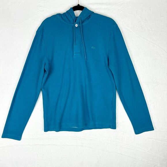 Lacoste Men's Logo Patch Drawstring Hoodie Size 3/Small Blue 1/4 Button Cotton - Picture 1 of 4